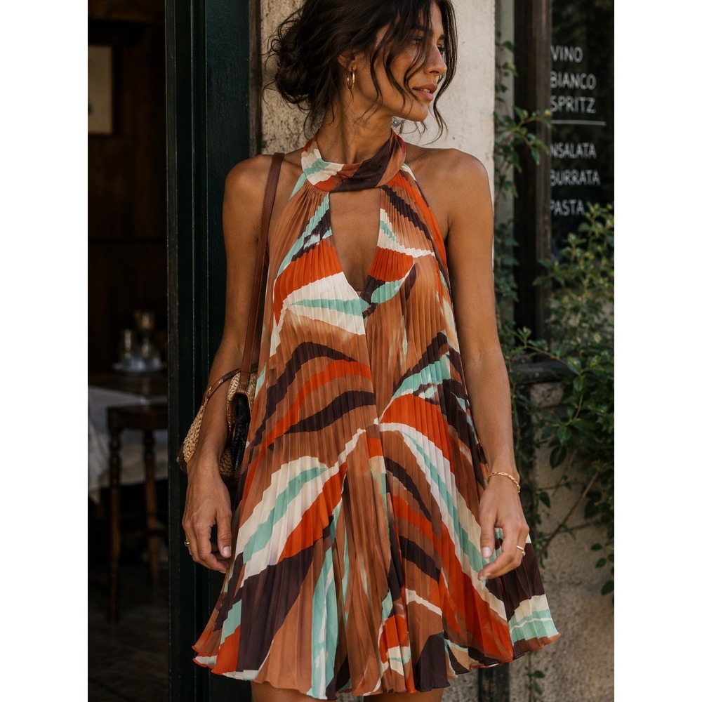 Anthropologie Hutch Halter Pleated Swing Mini Dress Orange Brown S